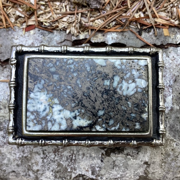 Vintage Bright Pyrite Artisan Stone On Outlined Rectangular Metal Belt Buckle - Picture 3 of 13